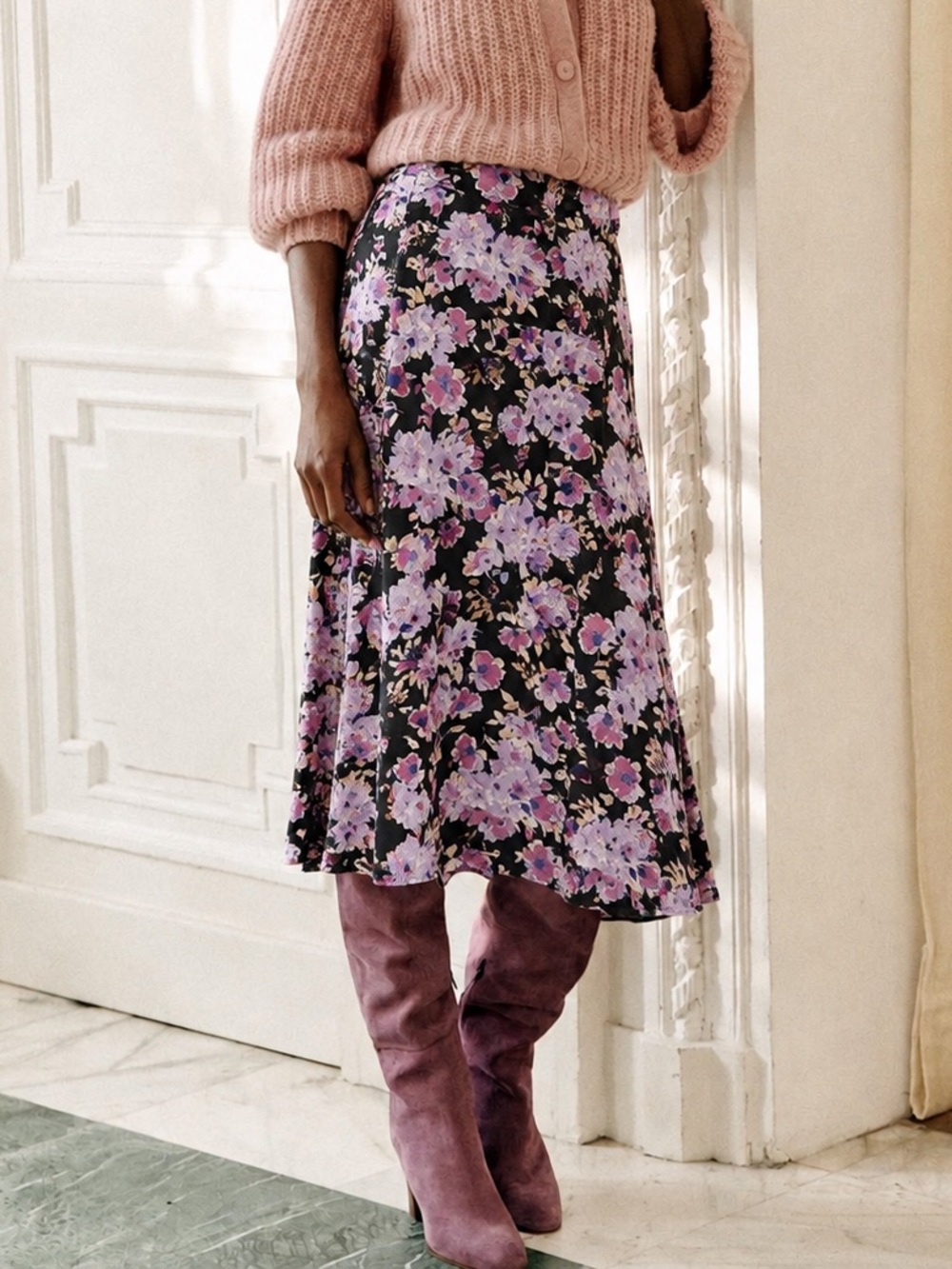 Sezane Sandy Skirt in Calvi Purple Floral Flared Midi Skirt